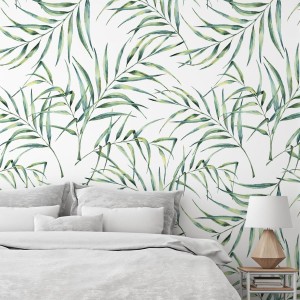 Tapeta winylowa z motywem liści palmowych.