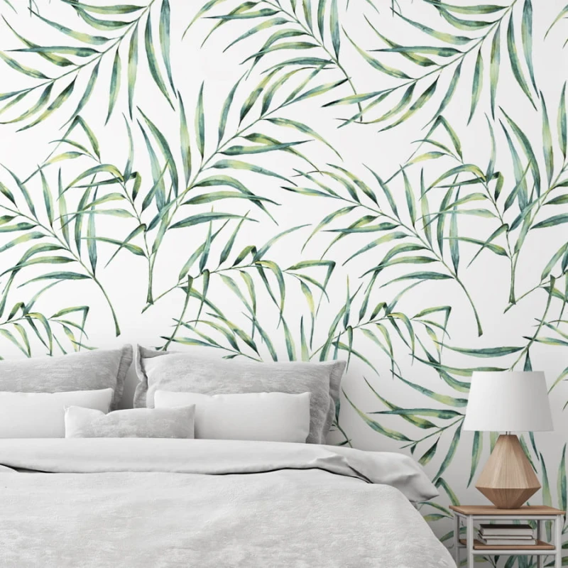 Tapeta winylowa z motywem liści palmowych.
