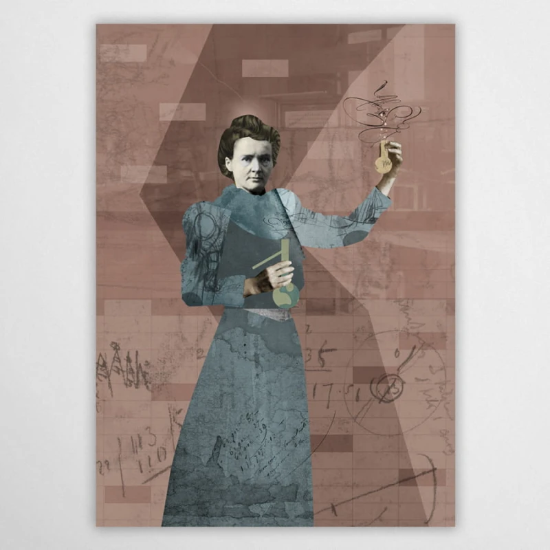 Artystyczny plakat z Marią Skłodowską-Curie w formie nowoczesnego kolażu. Grafika ścienna z serii Wielcy Naukowcy w odcieniach pudrowego różu i błękitu. Edukacyjna dekoracja na ścianę do gabinetu, biura lub salonu w stylu skandynawskim.