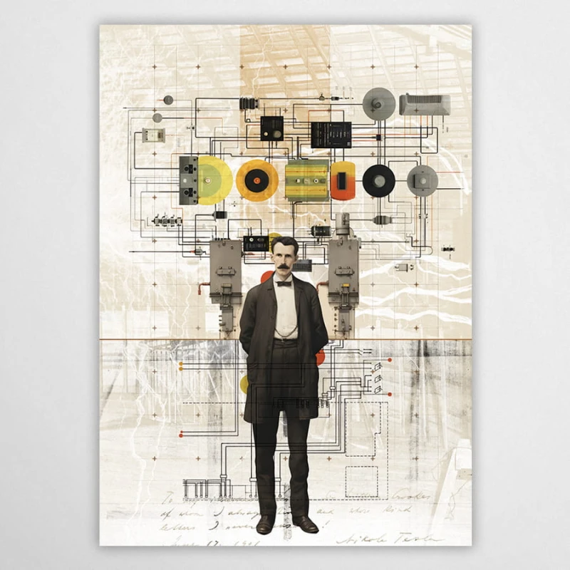 Nowoczesny plakat z Nikolą Teslą z serii Wielcy Naukowcy od Made for Home. Artystyczna grafika ścienna w formie technicznego kolażu ze schematami elektrycznymi. Idealna dekoracja do biura, loftu lub nowoczesnego salonu.