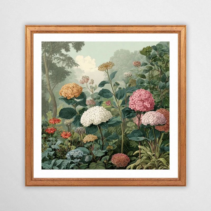 ogród hortensji - plakat w drewnianej ramie