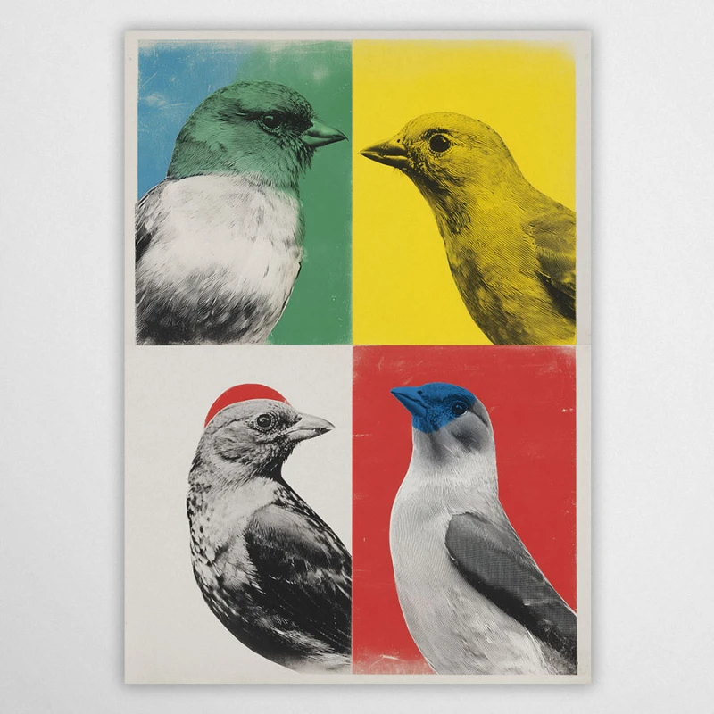 Kolorowy plakat z ptakami – nowoczesny pop-art, cztery panele w kolorach zielonym, żółtym i czerwonym.