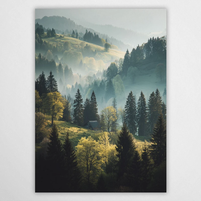 Plakat z pejzażem górskim – dom w mglistej dolinie, las iglasty o świcie, styl skandynawski.