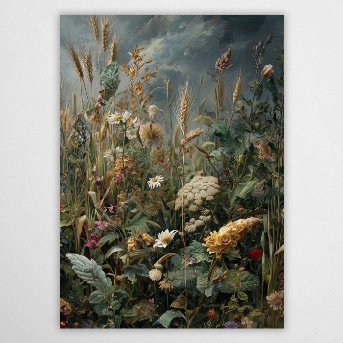 Plakat dzika łąka – malarska grafika z kwiatami polnymi, zbożem i stokrotkami w stylu vintage.