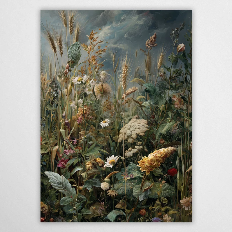 Plakat dzika łąka – malarska grafika z kwiatami polnymi, zbożem i stokrotkami w stylu vintage.
