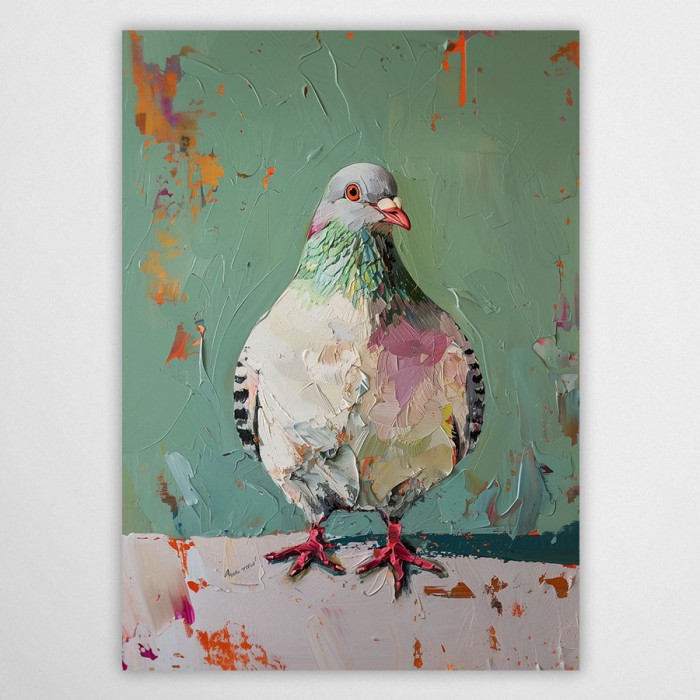 Plakat z gołębiem – nowoczesny obraz olejny z grubą teksturą farby, tło w kolorze szałwiowym, styl artystyczny.