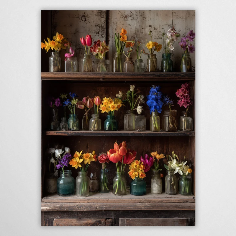 Plakat Katalog kwiatów – botaniczna kolekcja wiosennych kwiatów w butelkach na drewnianym regale, styl rustykalny i vintage.