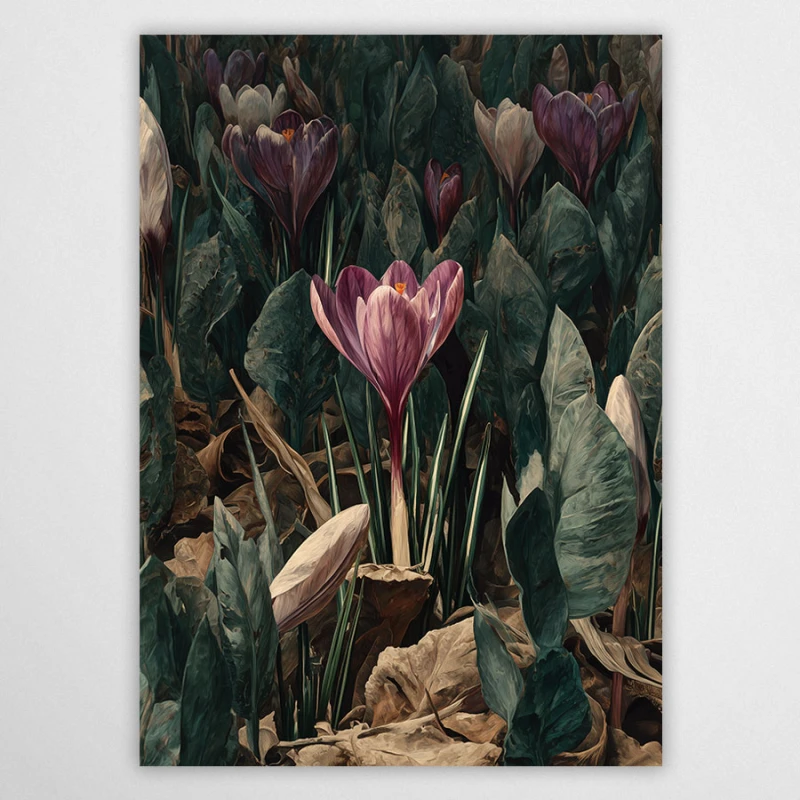 Plakat Krokus – malarska grafika z wiosennymi kwiatami, fioletowe krokusy w lesie, styl vintage i moody.