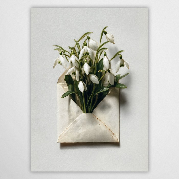 Plakat List od wiosny – przebiśniegi w kopercie, minimalistyczna grafika botaniczna w jasnych kolorach.