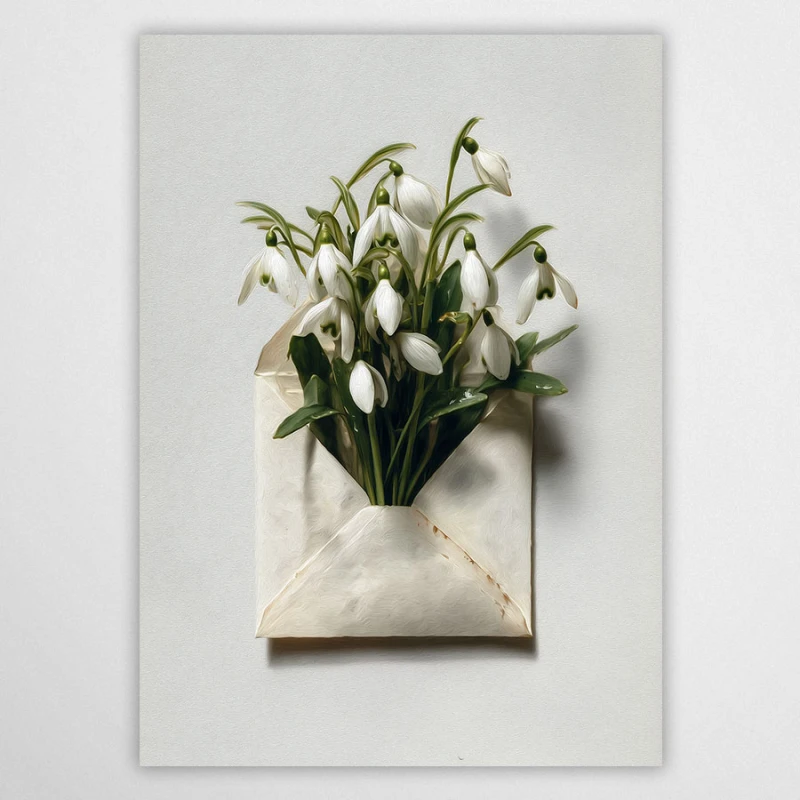 Plakat List od wiosny – przebiśniegi w kopercie, minimalistyczna grafika botaniczna w jasnych kolorach.