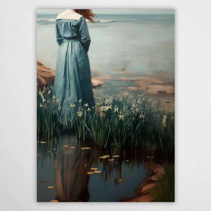 Plakat Lustro nieba – malarska ilustracja z kobietą w niebieskiej sukni nad wodą, styl klasyczny i nastrojowy.