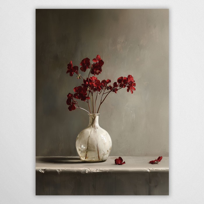 Plakat Martwa natura – czerwone kwiaty w białym wazonie, minimalistyczna i elegancka dekoracja ścienna.