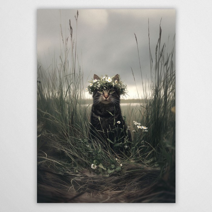 Plakat Miaucelina – pręgowany kot w wianku ze stokrotek, nastrojowy pejzaż w wysokiej trawie, styl artystyczny i moody.