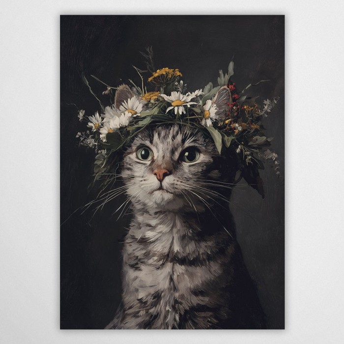 Plakat Miaugorzata – portret kota w wianku z polnych kwiatów, ciemne tło, elegancka grafika w stylu vintage.