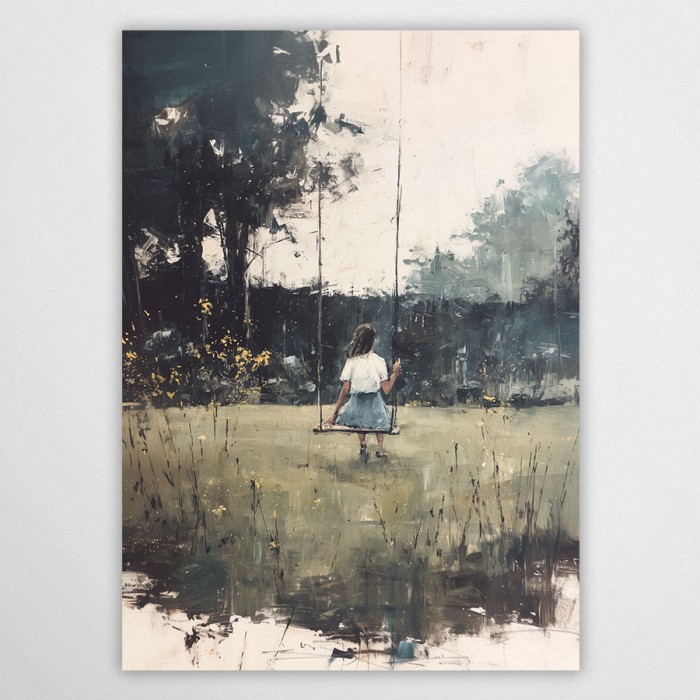 Plakat przedstawiający dziewczynkę na huśtawce w ogrodzie, widok od tyłu na tle ciemnych drzew i polnej trawy z żółtymi kwiatami, wykonane grubymi pociągnięciami pędzla.