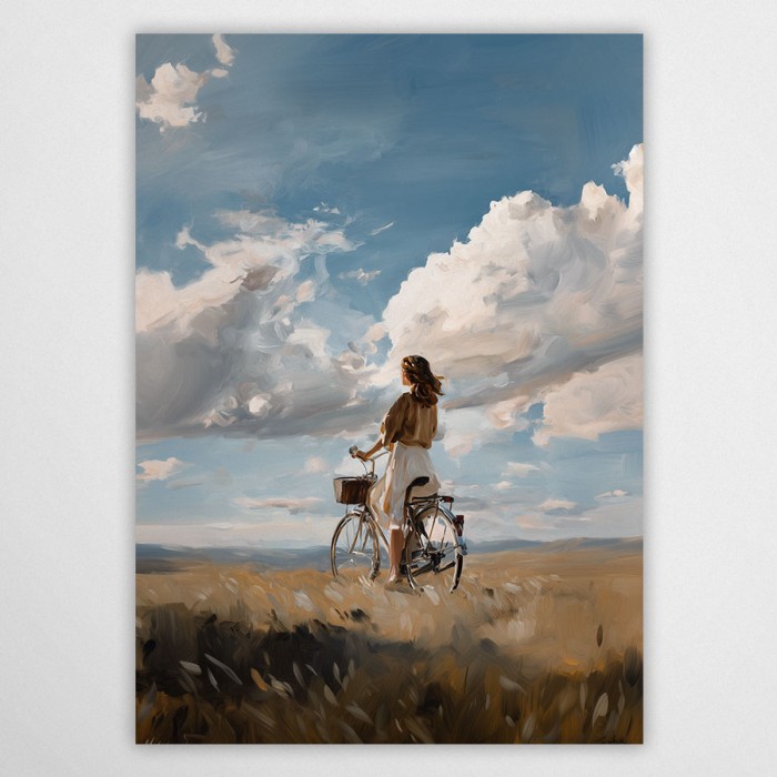 Impresjonistyczny plakat z kobietą stojącą z rowerem na polu pod błękitnym niebem z wielkimi, białymi chmurami. Malarski krajobraz w odcieniach błękitu i złocistego brązu, przywołujący klimat lata i wolności.