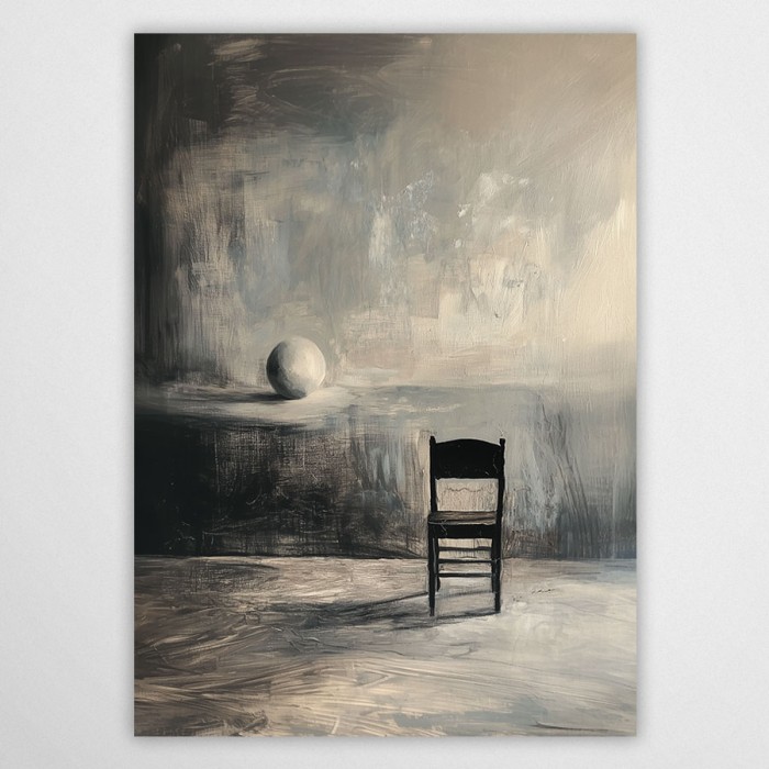 Surrealistyczny plakat w skali szarości i sepii, przedstawiający samotne krzesło oraz białą kulę na abstrakcyjnym, surowym tle. Minimalistyczny obraz olejny grający światłem i cieniem, pasujący do nowoczesnych, loftowych wnętrz.