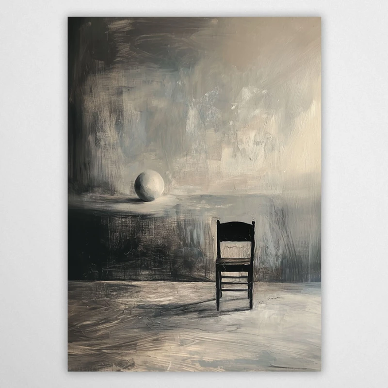 Surrealistyczny plakat w skali szarości i sepii, przedstawiający samotne krzesło oraz białą kulę na abstrakcyjnym, surowym tle. Minimalistyczny obraz olejny grający światłem i cieniem, pasujący do nowoczesnych, loftowych wnętrz.