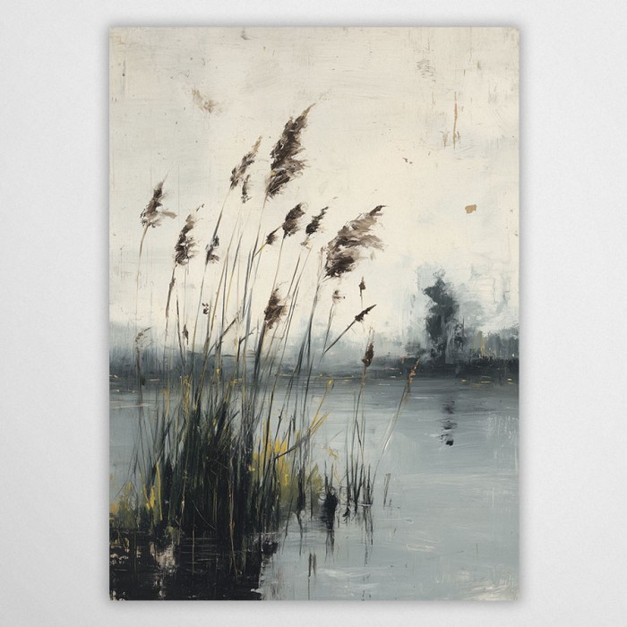 Minimalistyczny plakat przedstawiający wysokie trzciny i szuwary nad brzegiem jeziora w mglisty dzień. Kolorystyka w odcieniach szarości, czerni i przygaszonej żółci. Nowoczesna abstrakcja krajobrazu z widoczną teksturą płótna.