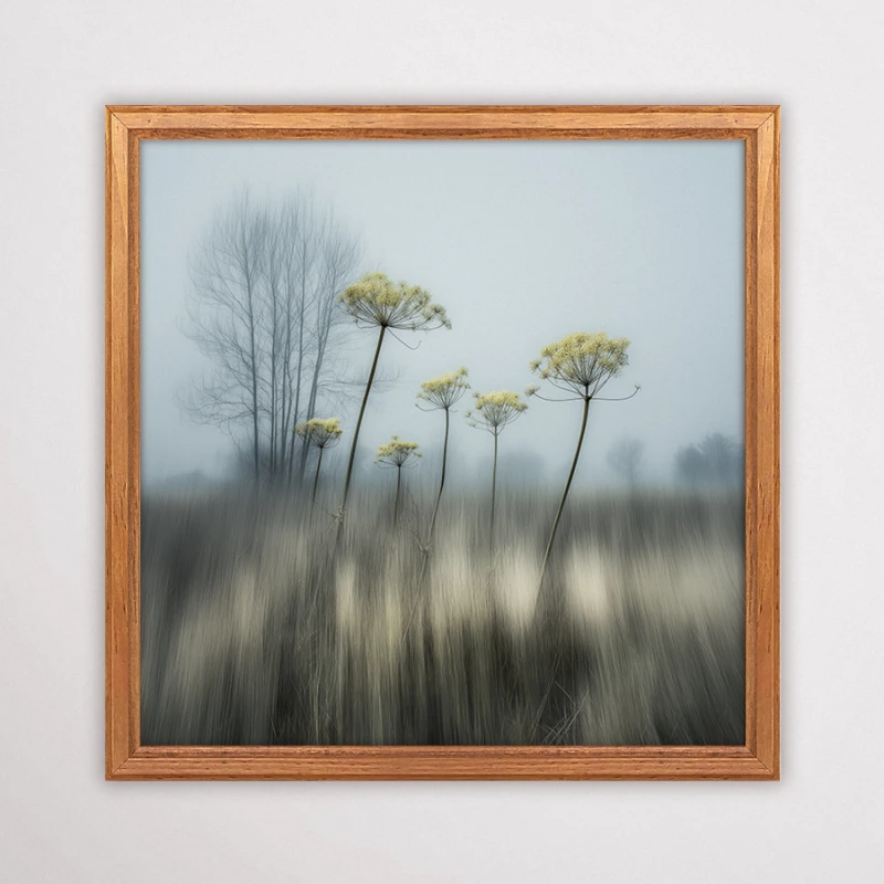 Minimalistyczny plakat z dzikimi trawami i ostami wyłaniającymi się z mgły, botaniczna dekoracja ścienna w stylu skandynawskim.