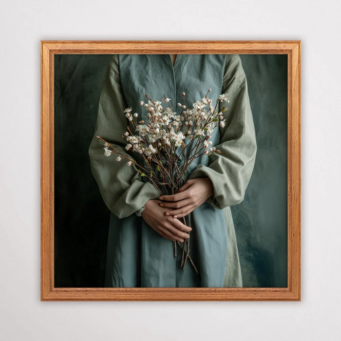 Zbliżenie na dłonie trzymające naręcze kwitnących gałązek, plakat z kwiatami w stylu rustykalnym i vintage, lniana suknia.
