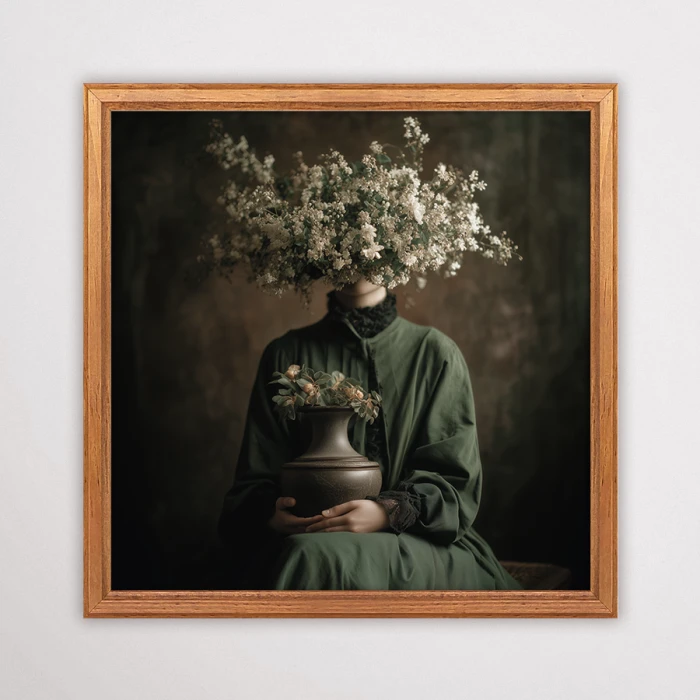 Surrealistyczny plakat artystyczny z postacią w zielonej sukni i bukietem kwiatów w wazonie zamiast głowy, styl moody botanicals.