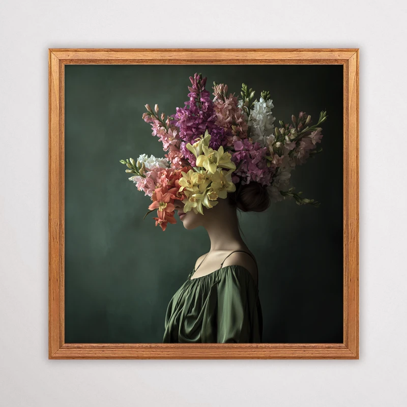 Nowoczesna grafika botaniczna z profilem postaci i wielobarwnym bukietem kwiatów zamiast głowy, tło w odcieniu ciemnej zieleni.