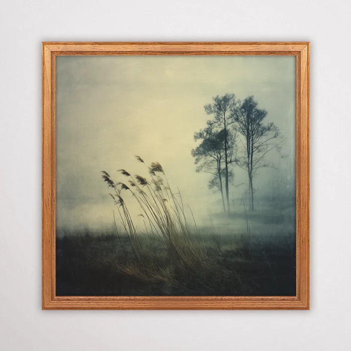 Minimalistyczny plakat z trzcinami i samotnymi drzewami we mgle, pejzaż botaniczny w stylu skandynawskim i nowoczesnym.