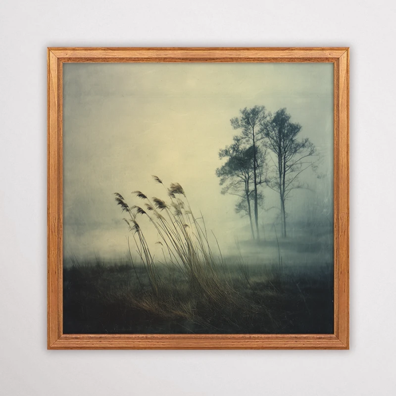 Minimalistyczny plakat z trzcinami i samotnymi drzewami we mgle, pejzaż botaniczny w stylu skandynawskim i nowoczesnym.