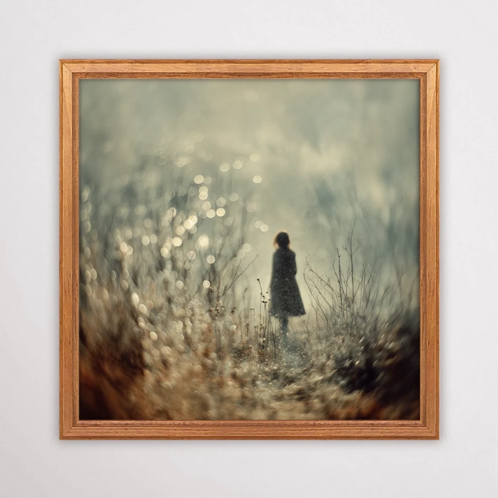 Nastrojowa fotografia artystyczna postaci we mgle z efektem bokeh i świetlistymi drobinkami, nastrojowy plakat na ścianę.