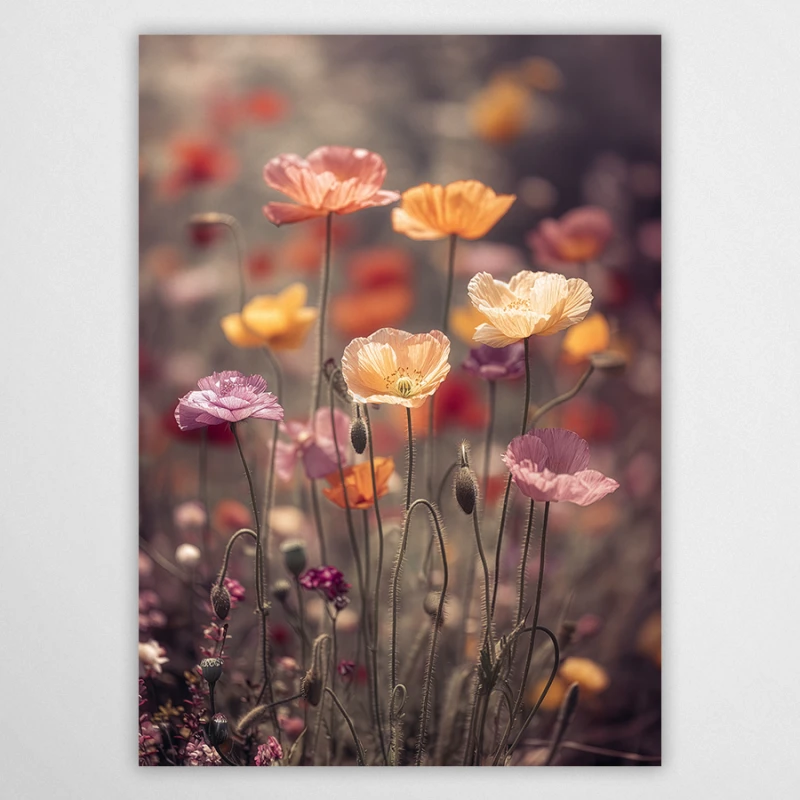 Obraz dekoracyjny przedstawiający pastelowe maki w kolorze brzoskwiniowym i liliowym na rozmytym tle, styl artystyczny bokeh.