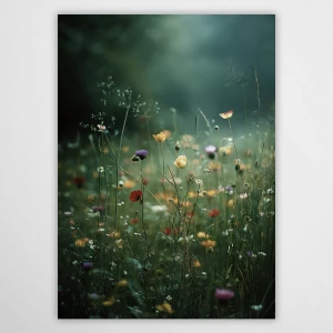 Artystyczne zdjęcie polnych kwiatów w chłodnej, ciemnozielonej tonacji z delikatnymi żółtymi i fioletowymi akcentami, mgliste tło.