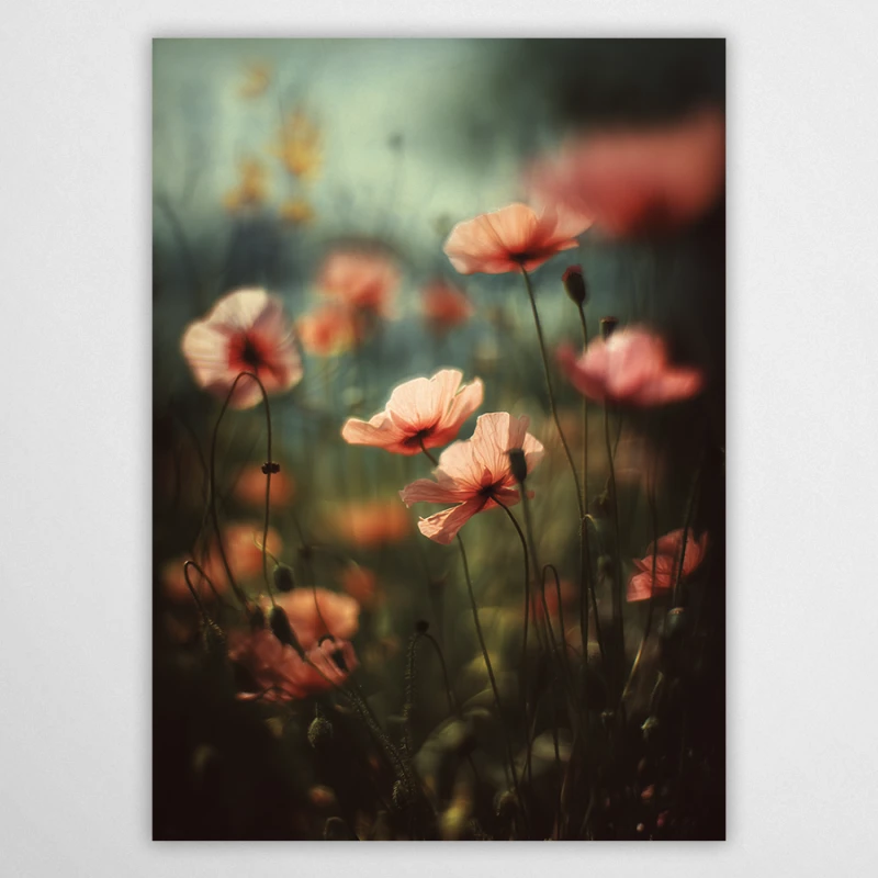 Oniryczny obraz maków podświetlonych zachodzącym słońcem, miękkie światło, rozmyte tło w odcieniach miedzi i błękitu.