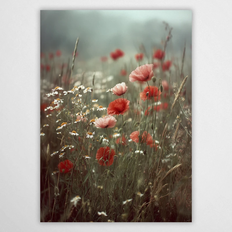 Klasyczne czerwone maki i białe stokrotki na polanie w stylu retro, stłumione kolory, rustykalny plakat z kwiatami.