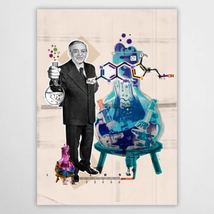 Artystyczny plakat z Kazimierzem Funkiem w stylu nowoczesnego kolażu. Grafika przedstawia portret naukowca, wzory chemiczne i kolby laboratoryjne. Autorska ilustracja z serii Wielcy Naukowcy od Made for Home, idealna jako grafika do eklektycznego wnętrza.