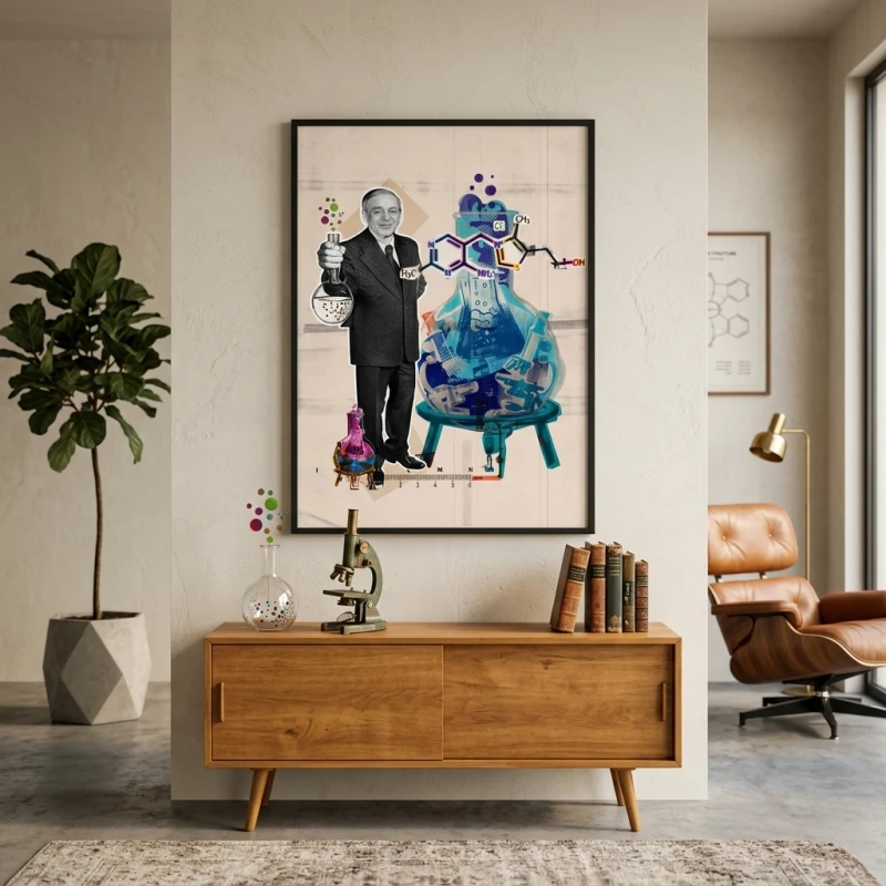 Artystyczny plakat z Kazimierzem Funkiem w stylu nowoczesnego kolażu. Grafika przedstawia portret naukowca, wzory chemiczne i kolby laboratoryjne. Autorska ilustracja z serii Wielcy Naukowcy od Made for Home, idealna jako grafika do eklektycznego wnętrza.