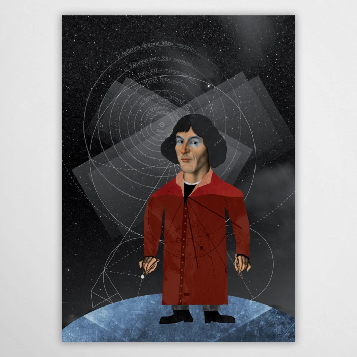 Nowoczesny plakat z Mikołajem Kopernikiem z serii Wielcy Naukowcy od Made for Home. Artystyczna grafika na ścianę w formie kolażu, idealna do gabinetu lub salonu. Elegancka dekoracja ścienna z motywem astronomicznym.