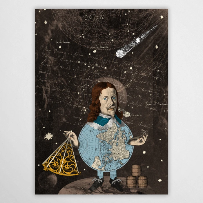 Artystyczny plakat z Janem Heweliuszem w stylu vintage kolażu. Grafika ścienna z serii Wielcy Naukowcy od Made for Home przedstawiająca astronoma z kwadrantem na tle mapy nieba. Elegancka dekoracja do gabinetu, biura lub salonu w stylu klasycznym.