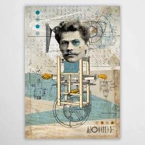 Nowoczesny plakat z Janem Szczepanikiem z serii Wielcy Naukowcy od Made for Home. Artystyczna grafika na ścianę w formie technicznego kolażu z motywem wynalazków. Idealna dekoracja do biura lub gabinetu.