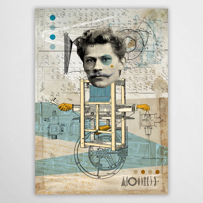 Nowoczesny plakat z Janem Szczepanikiem z serii Wielcy Naukowcy od Made for Home. Artystyczna grafika na ścianę w formie technicznego kolażu z motywem wynalazków. Idealna dekoracja do biura lub gabinetu.