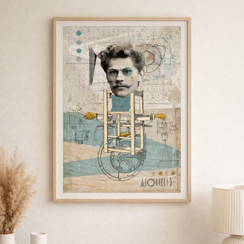 Nowoczesny plakat z Janem Szczepanikiem z serii Wielcy Naukowcy od Made for Home. Artystyczna grafika na ścianę w formie technicznego kolażu z motywem wynalazków. Idealna dekoracja do biura lub gabinetu.
