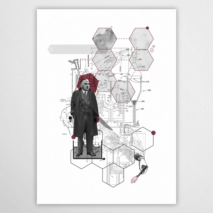 Nowoczesny plakat z Janem Czochralskim z serii Wielcy Naukowcy. Minimalistyczna grafika ścienna z motywem struktur krystalicznych i schematów technicznych. Idealna dekoracja do biura IT lub gabinetu od Made for Home.