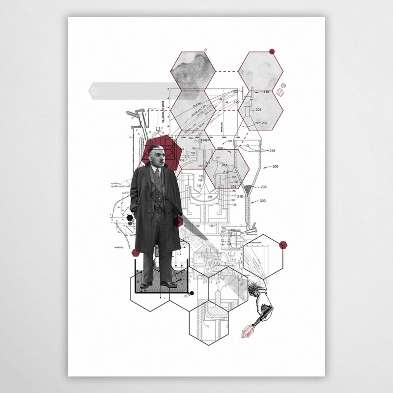 Nowoczesny plakat z Janem Czochralskim z serii Wielcy Naukowcy. Minimalistyczna grafika ścienna z motywem struktur krystalicznych i schematów technicznych. Idealna dekoracja do biura IT lub gabinetu od Made for Home.