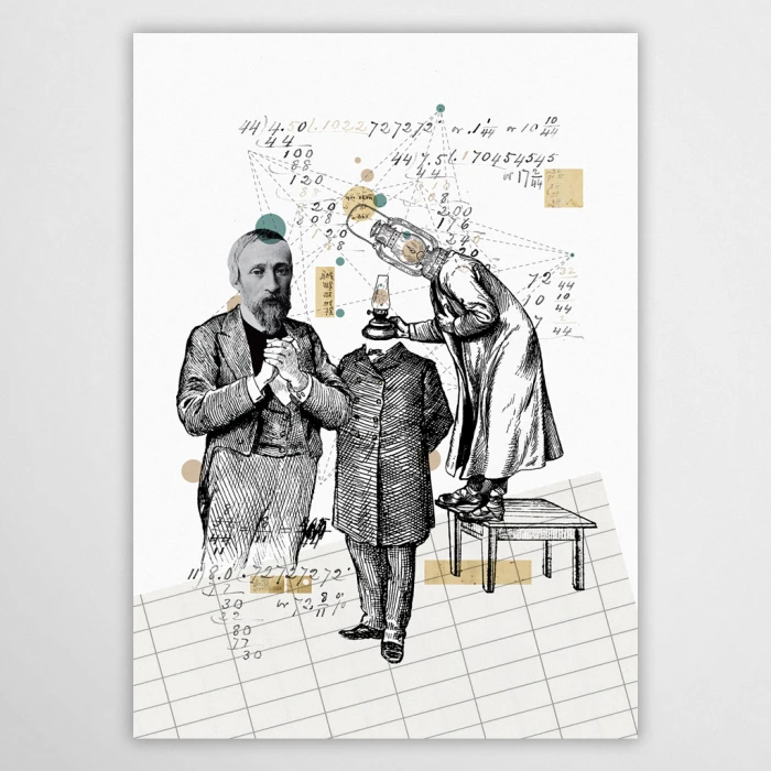 Artystyczny plakat z Ignacym Łukasiewiczem z serii Wielcy Naukowcy od Made for Home. Nowoczesna grafika ścienna w formie kolażu z motywem lampy naftowej i zapisków technicznych. Idealna dekoracja do gabinetu lub salonu.