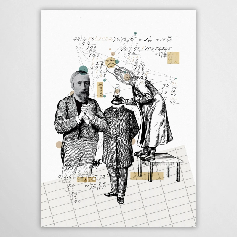 Artystyczny plakat z Ignacym Łukasiewiczem z serii Wielcy Naukowcy od Made for Home. Nowoczesna grafika ścienna w formie kolażu z motywem lampy naftowej i zapisków technicznych. Idealna dekoracja do gabinetu lub salonu.