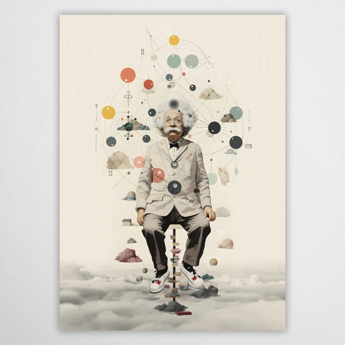 Artystyczny plakat z Albertem Einsteinem z serii Wielcy Naukowcy od Made for Home. Nowoczesna, jasna grafika ścienna przedstawiająca naukowca wśród chmur i planet. Surrealistyczna dekoracja do biura lub salonu.