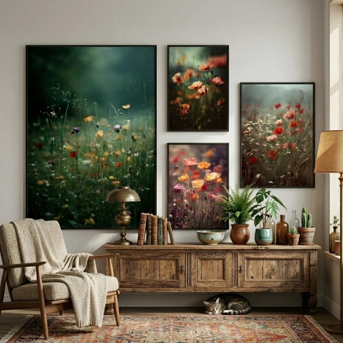 Artystyczne zdjęcie polnych kwiatów w chłodnej, ciemnozielonej tonacji z delikatnymi żółtymi i fioletowymi akcentami, mgliste tło.