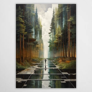 Surrealistyczna grafika z postacią idącą przez las ścieżką z luster. Wysokie drzewa iglaste i geometryczne odbicia tworzą głęboką perspektywę. Nowoczesny obraz na ścianę łączący motyw natury z abstrakcyjną formą i barwami ziemi.