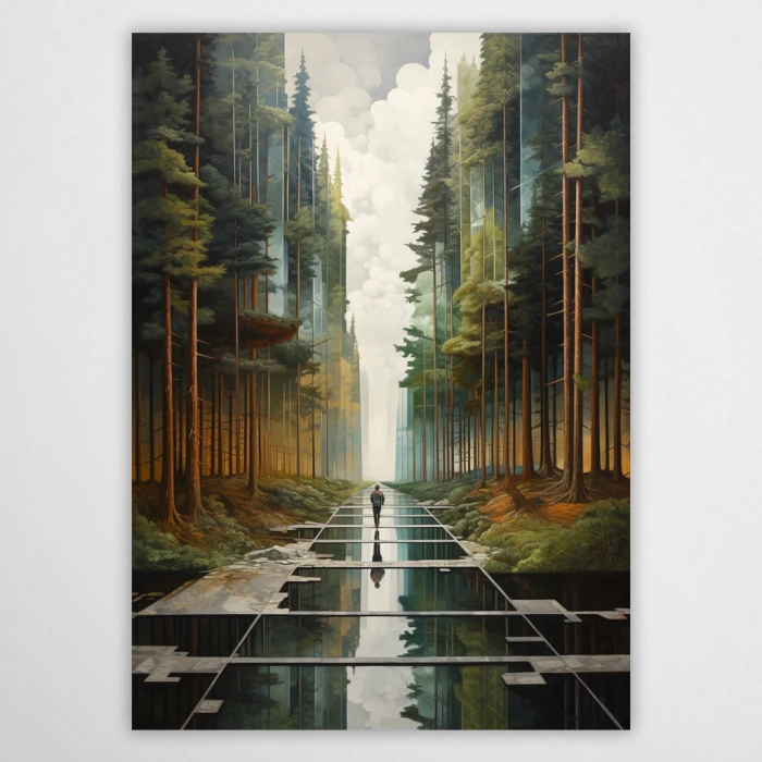Surrealistyczna grafika z postacią idącą przez las ścieżką z luster. Wysokie drzewa iglaste i geometryczne odbicia tworzą głęboką perspektywę. Nowoczesny obraz na ścianę łączący motyw natury z abstrakcyjną formą i barwami ziemi.