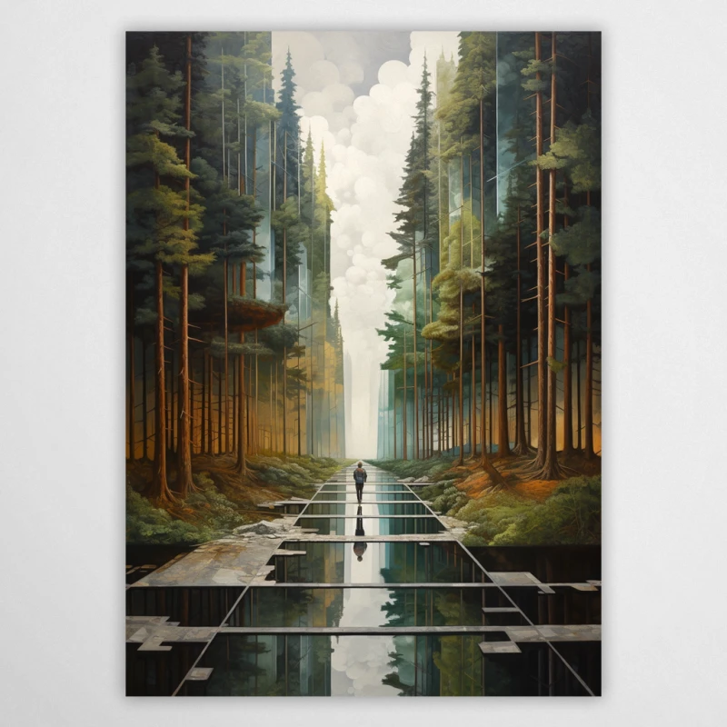 Surrealistyczna grafika z postacią idącą przez las ścieżką z luster. Wysokie drzewa iglaste i geometryczne odbicia tworzą głęboką perspektywę. Nowoczesny obraz na ścianę łączący motyw natury z abstrakcyjną formą i barwami ziemi.